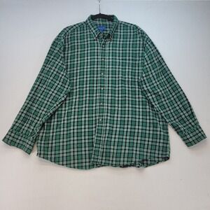 Towncraft Flannel Shirt Mens XL Green Plaid Button‎ Down 100% Cotton Long Sleeve